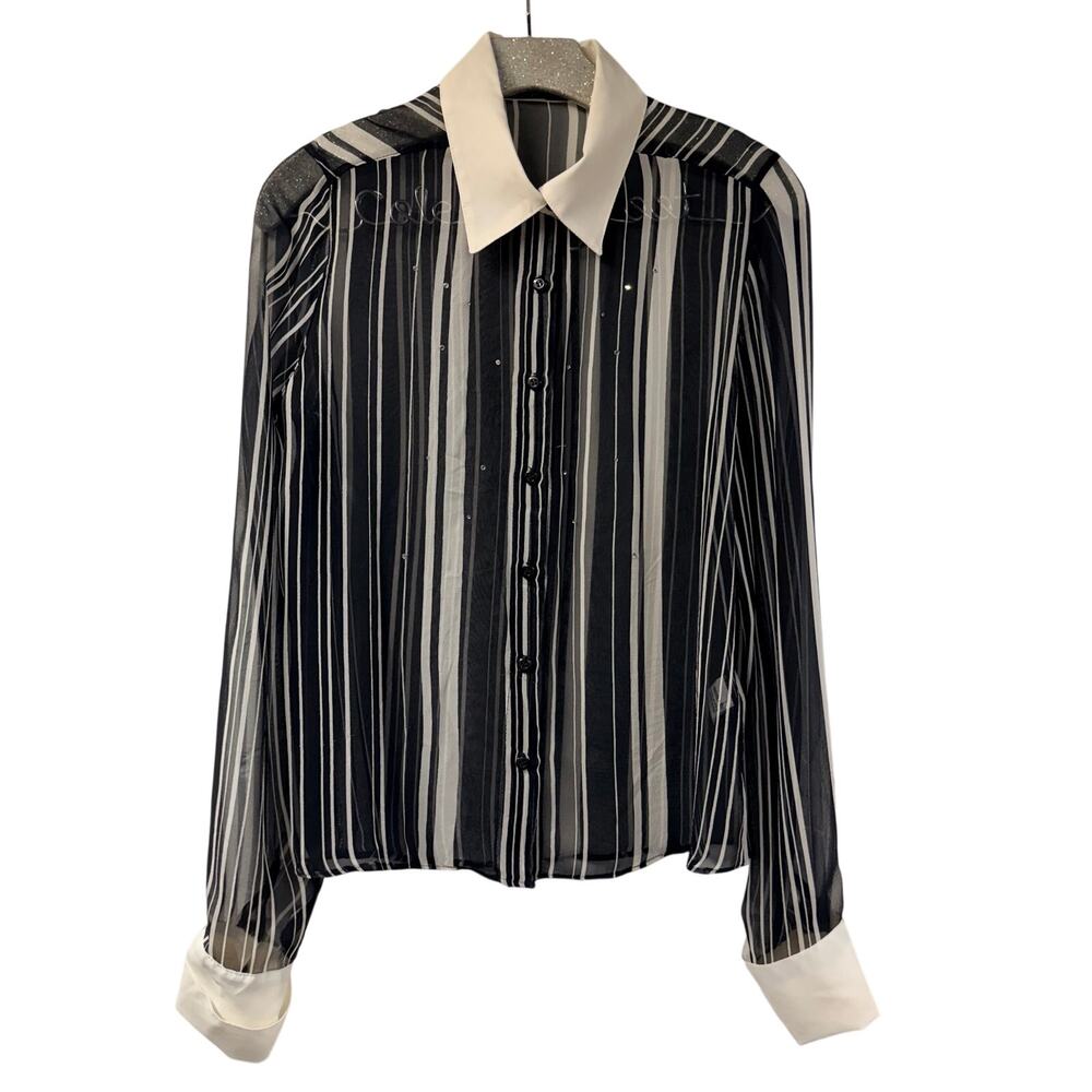 For Joseph Semi Sheer 100% Silk Top Black Striped Blouse Medium French Cuff